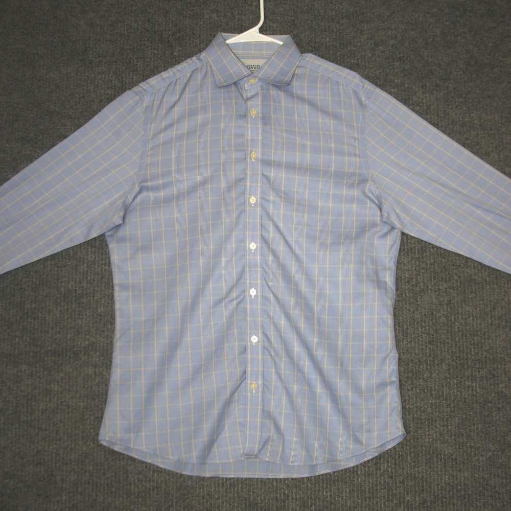 Charles Tyrwhitt Shirt Mens Size 16 Blue Yellow Check Slim Fit Formal Non‎ Iron